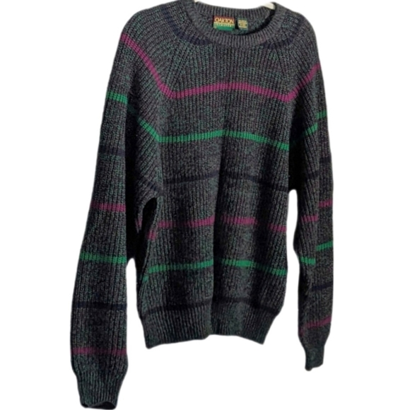 Vintage 1980s Medium Gray Oakton Striped Pullover Grandpa Chic Sweater - Picture 2 of 6